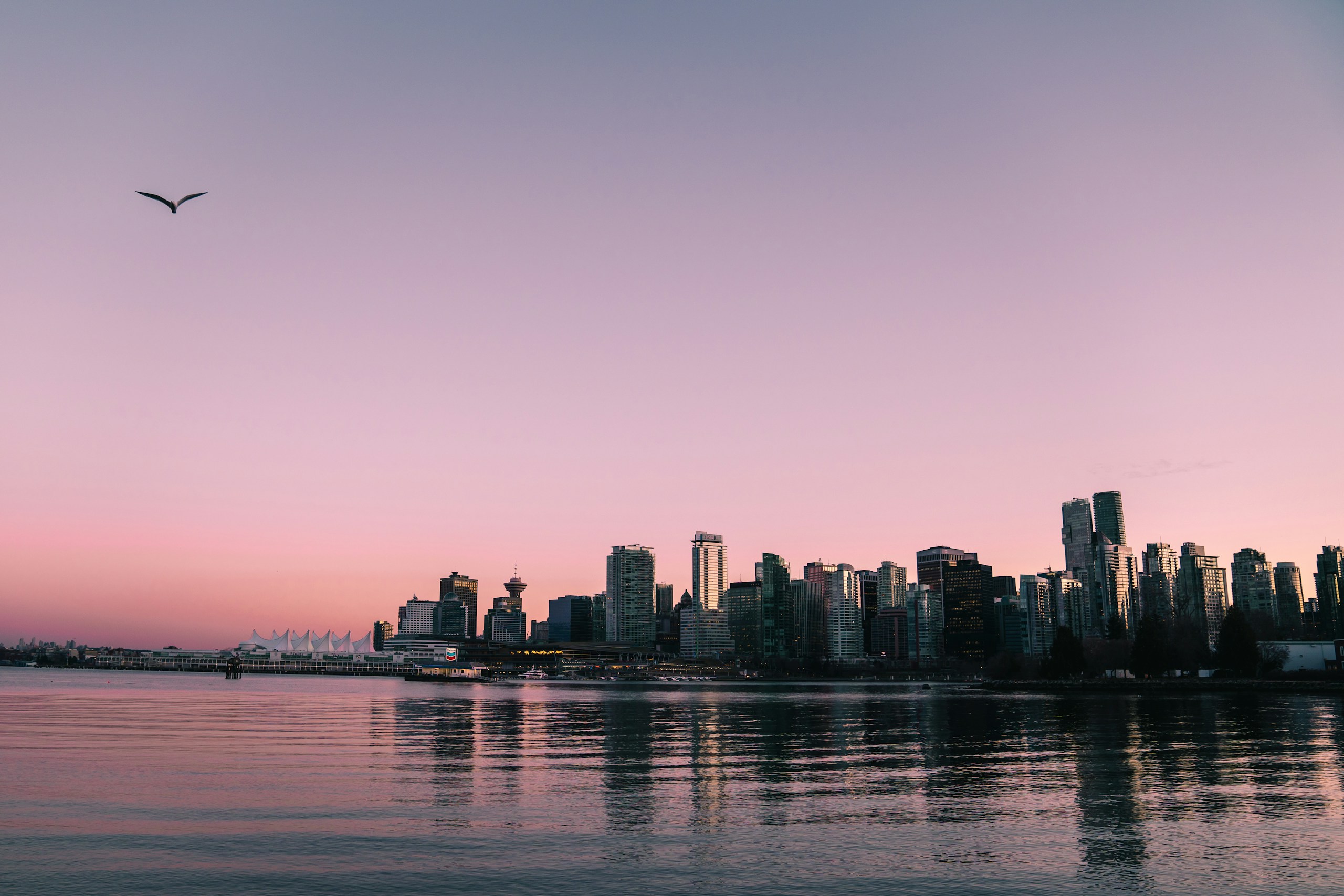 Vancouver waterfront skyline at sunset